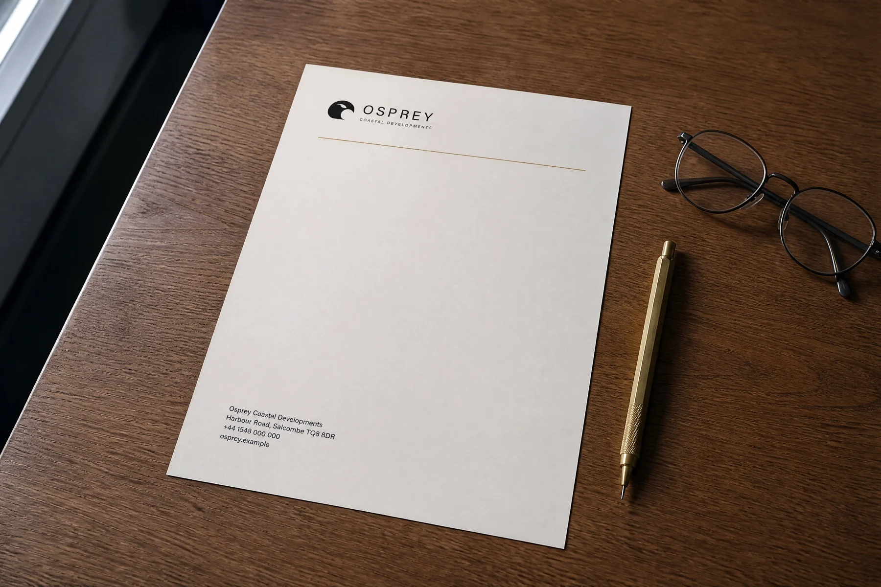 Letterhead on a walnut desk