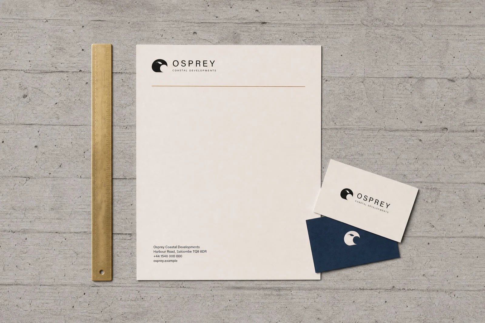 Osprey letterhead and business cards on concrete